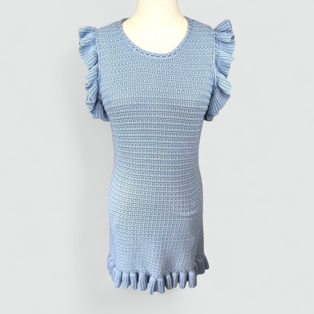 Mustard Seed NWOT LT Blue Crochet Knit Mini Dress Ruffle Sleeves Keyhole Back‎ M